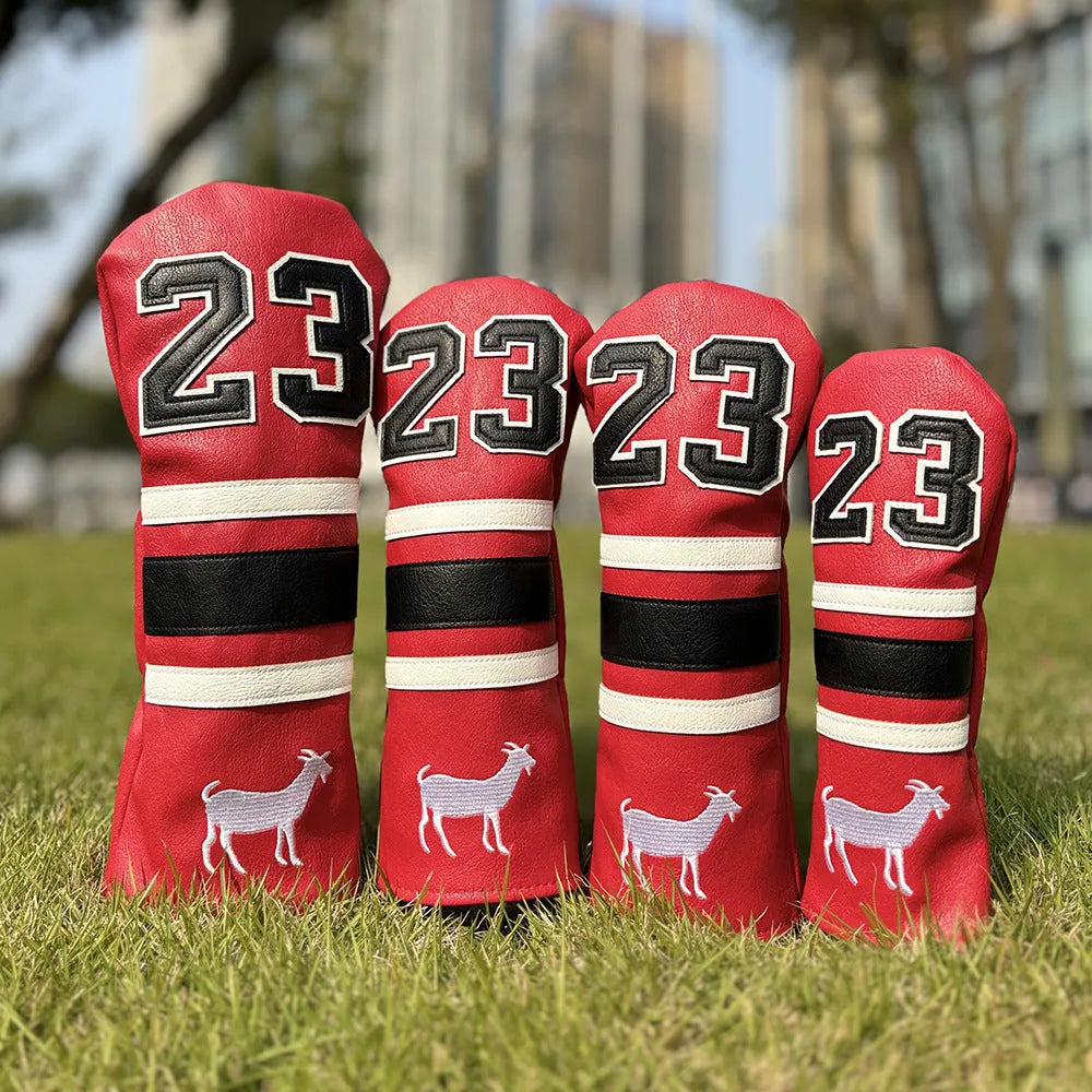 Ram golf headcover set showing chicken leg, 1, 3, 5, UT, and square putter covers in chosen colour.
