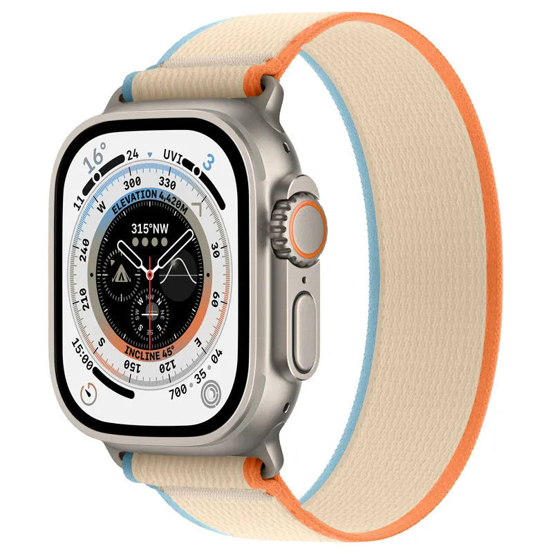 Nylon single-ring watch strap for Apple Watch in multiple colour variations on a grey background.