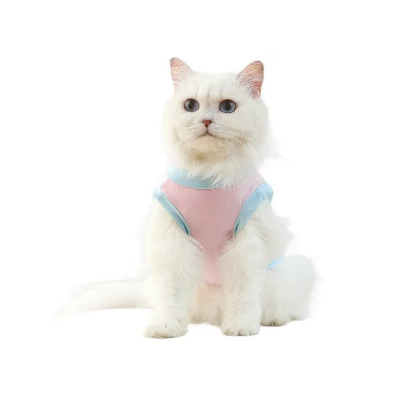 Pet wearing an ice silk sun protection vest in cherry blossom pink, unisex design for cats and dogs, sizes XS to XXL