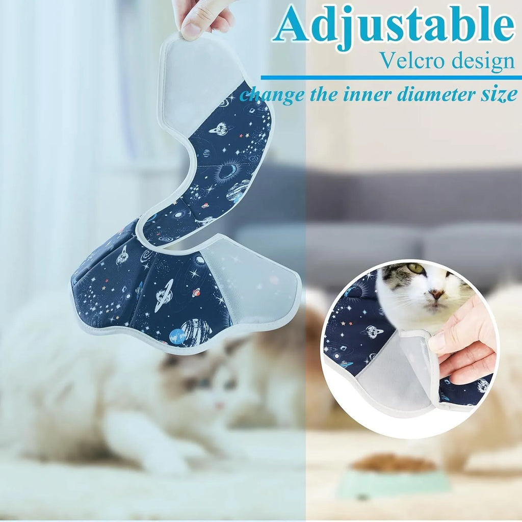 Soft adjustable cat recovery collar in use showing comfortable fit and normal eating position