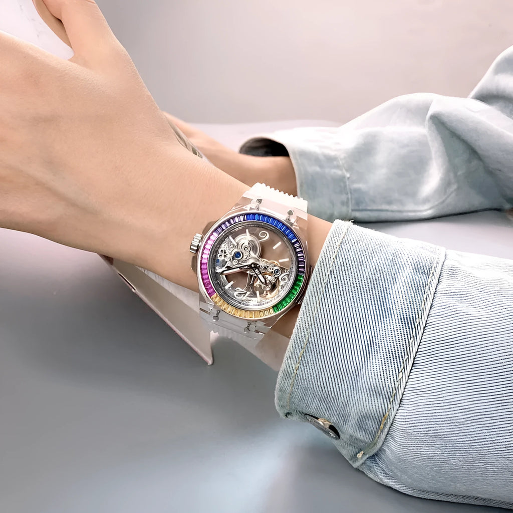 Full-automatic mechanical watch with hollow large dial, transparent surface, 14mm thickness, stainless steel back, white ribbon.