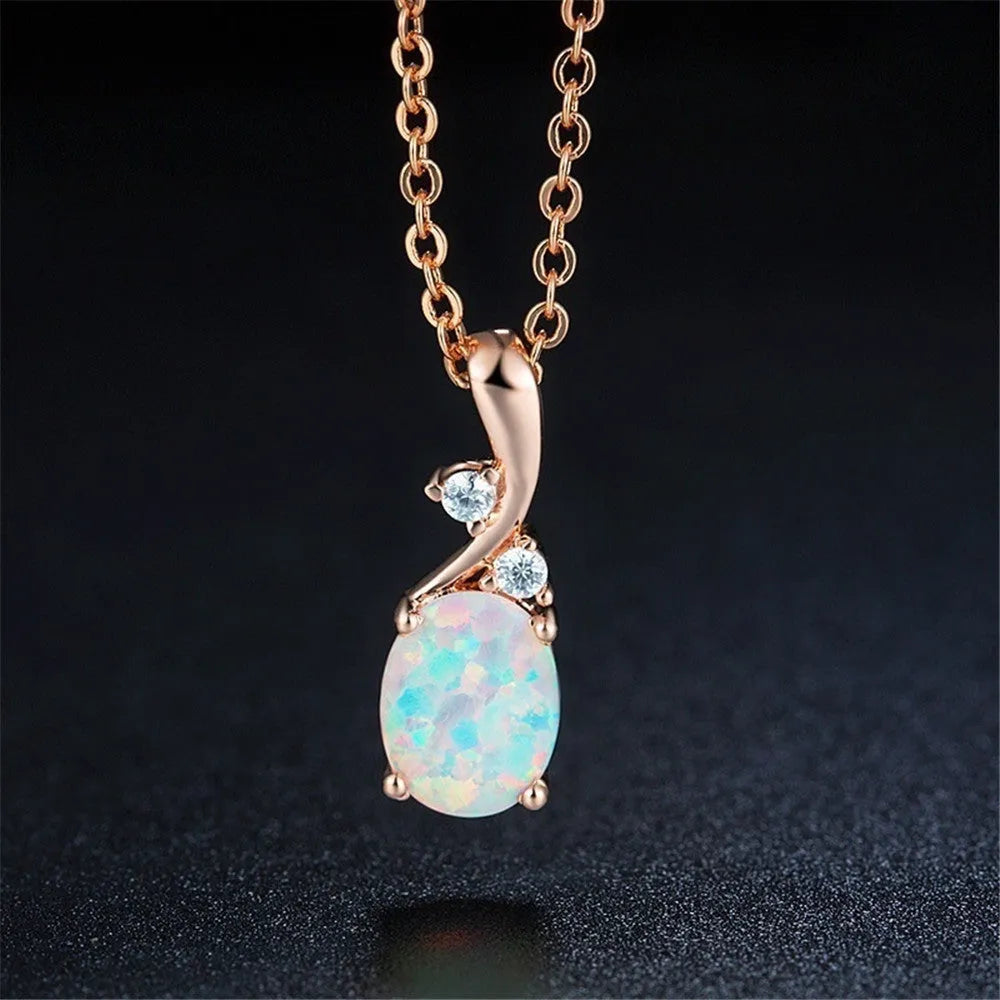 Water drop shaped opal pendant necklace with adjustable alloy chain in white or rose gold finish