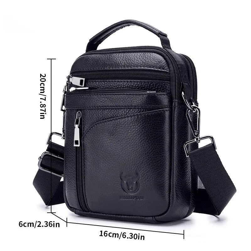 Black genuine leather men's shoulder bag with a retro business casual style.