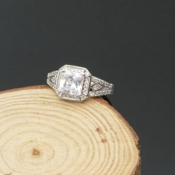 Geometric zircon ring with hollow design and platinum colour finish on solid copper