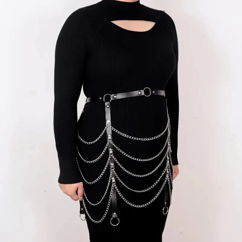 Black PU leather waist chain with bandage-style binding design for female fashion ornament