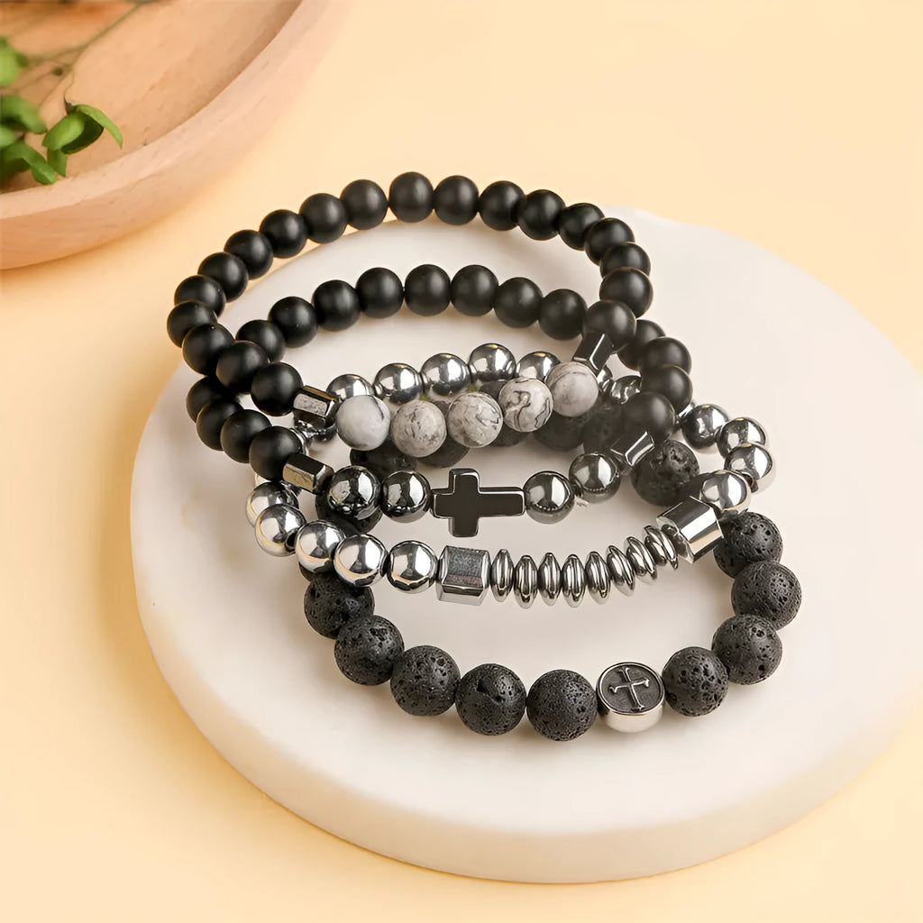 Volcanic agate geometric bracelet on stainless steel chain showing stone patterning