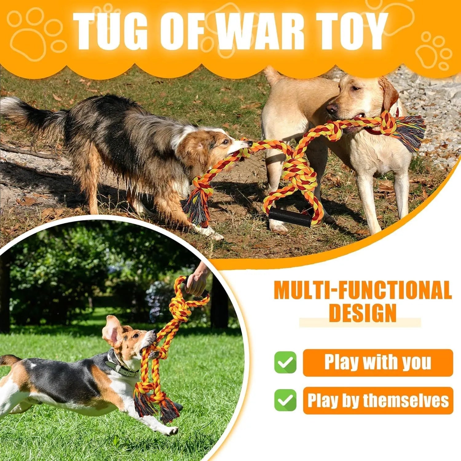 Blue and yellow woven cotton rope dog toy with a handle for large breed tug of war