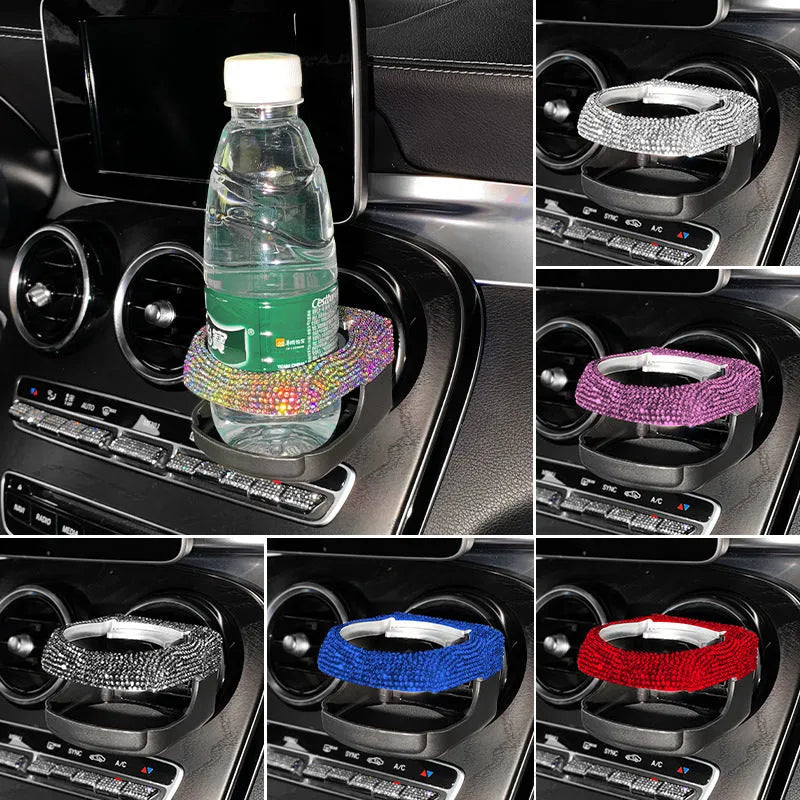 Rhinestone decorated car air vent cup holder in various diamond colours