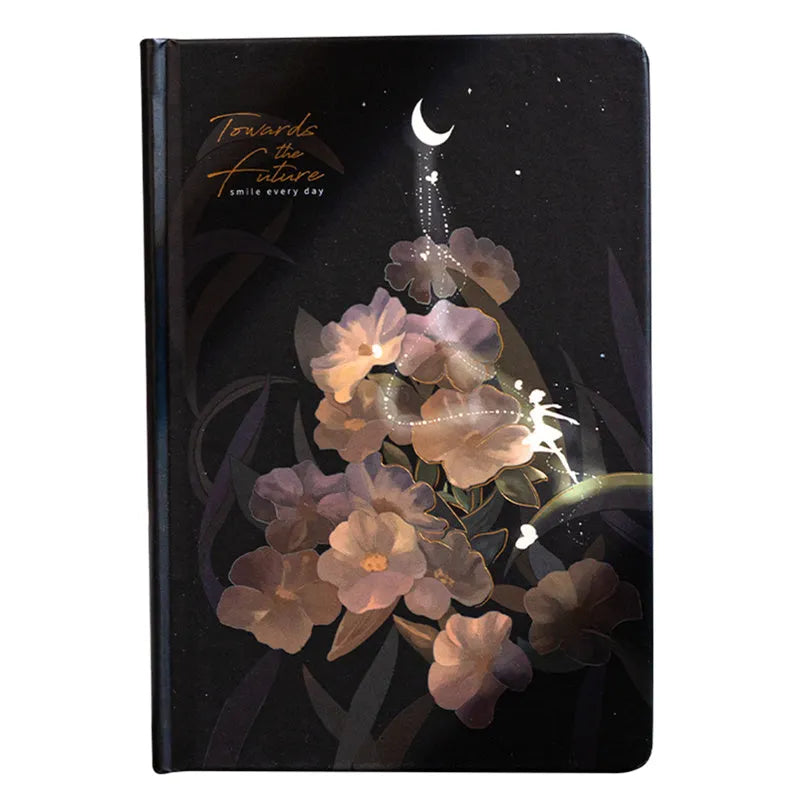 A5 notebook with luminous cover in blue, gold, light blue, or purple, open to show pages for colour illustration.