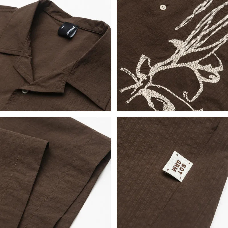 Brown striped outdoor shirt with Cuban collar and short sleeves for camping