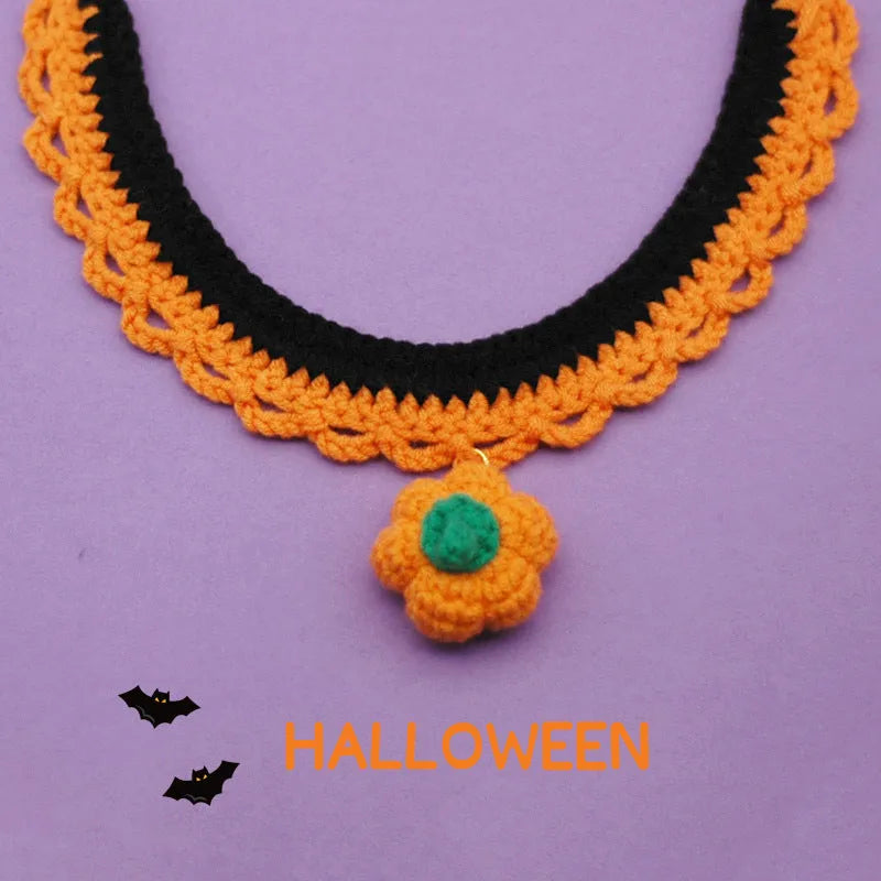 Hand-crocheted wool pet collar in Silent Pumpkin colour with adjustable sizing