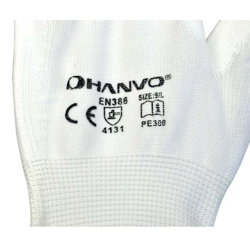 White PU coated labour gloves showing palm with textured coating, laid flat to show 24cm length.