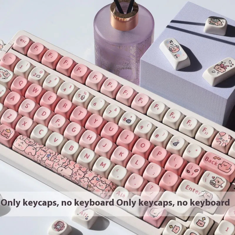 Pink PBT keyboard key cap with a colourful fragrant pig design on the top and sides.