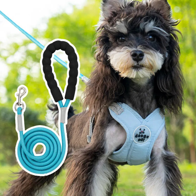 Blue adjustable polyester dog harness vest with a matching hand holding rope on a white background.