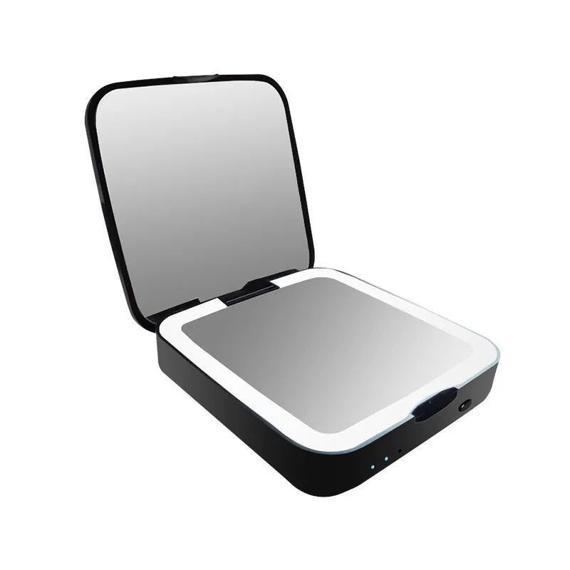 Black and white LED makeup mirror with dual surfaces including 4x magnification and adjustable lighting