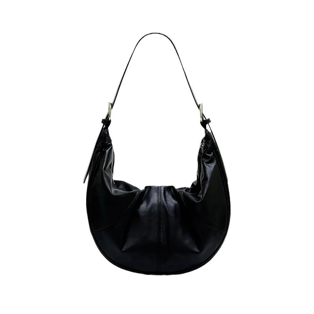 Women's soft first layer cowhide shoulder bag in dumpling shape with double straps and cotton lining