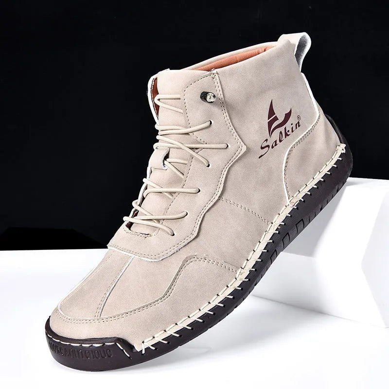 Retro high-top casual boots in beige with elastic band and flat heel
