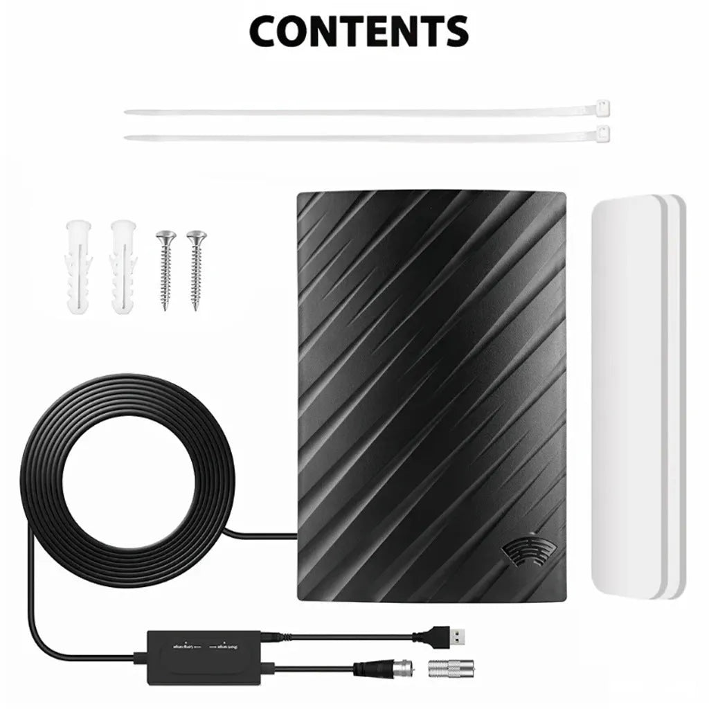 Black plastic digital television antenna with coaxial connection and mounting accessories