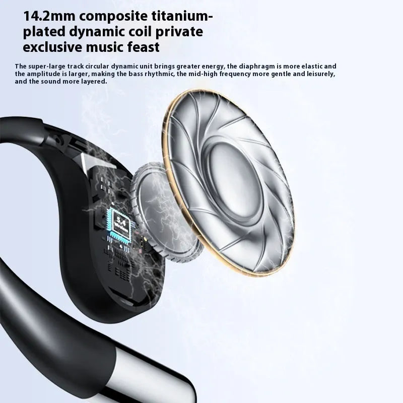 Black hanging-ear sports Bluetooth earphones with digital display.
