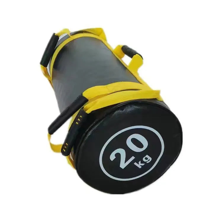 White PVC fitness training sandbag on gym floor, available in weights from 5KG to 30KG.