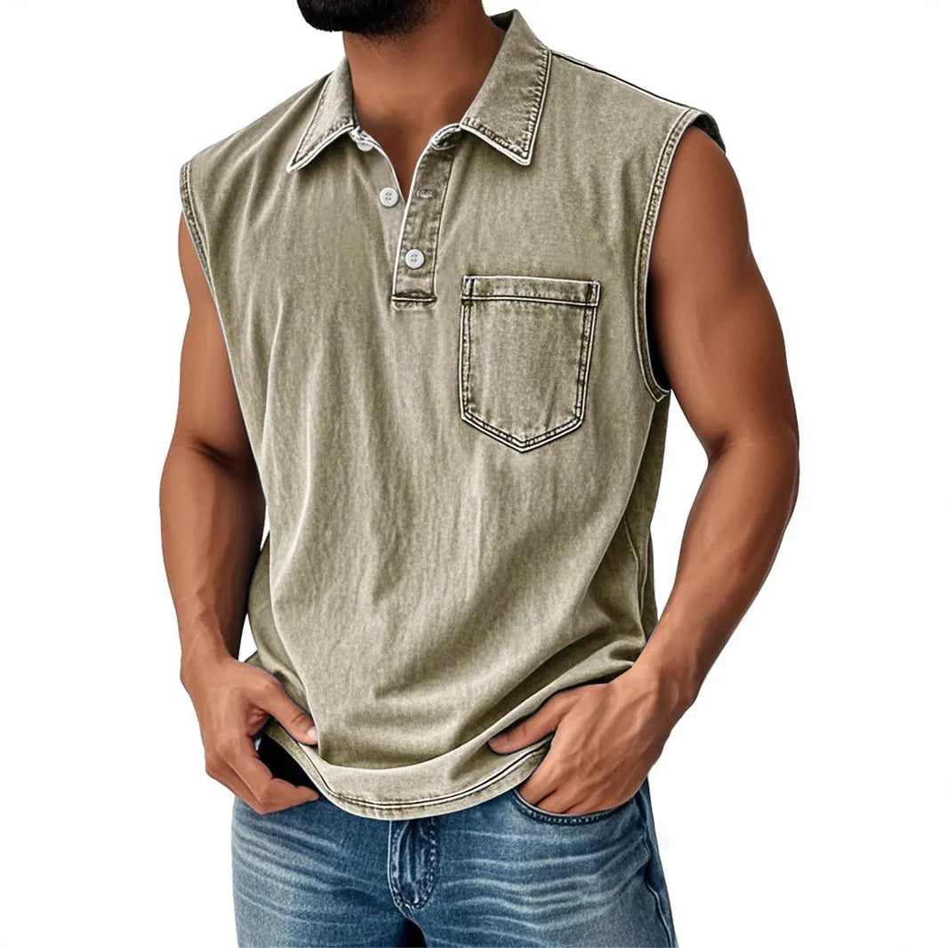 Man wearing a short sleeve polo shirt with a 3D digital printed pattern and button-down collar.