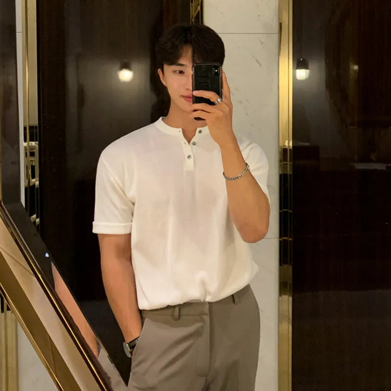 Men's short-sleeved ice silk knitted shirt in black slim fit