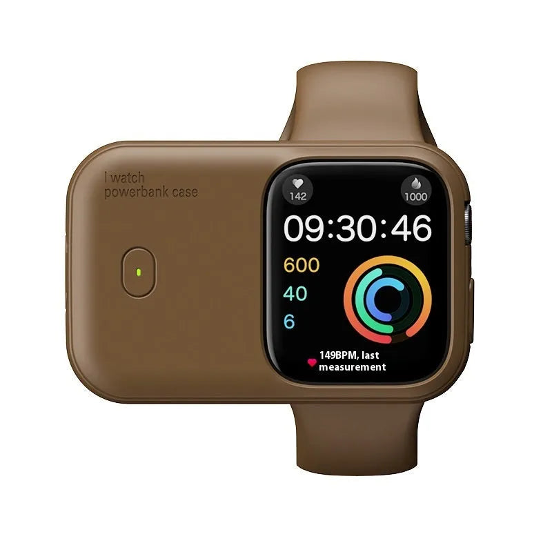 Apple Watch portable charging case in Brown, Midnight Blue, or Starlight colours with 1200mAh battery