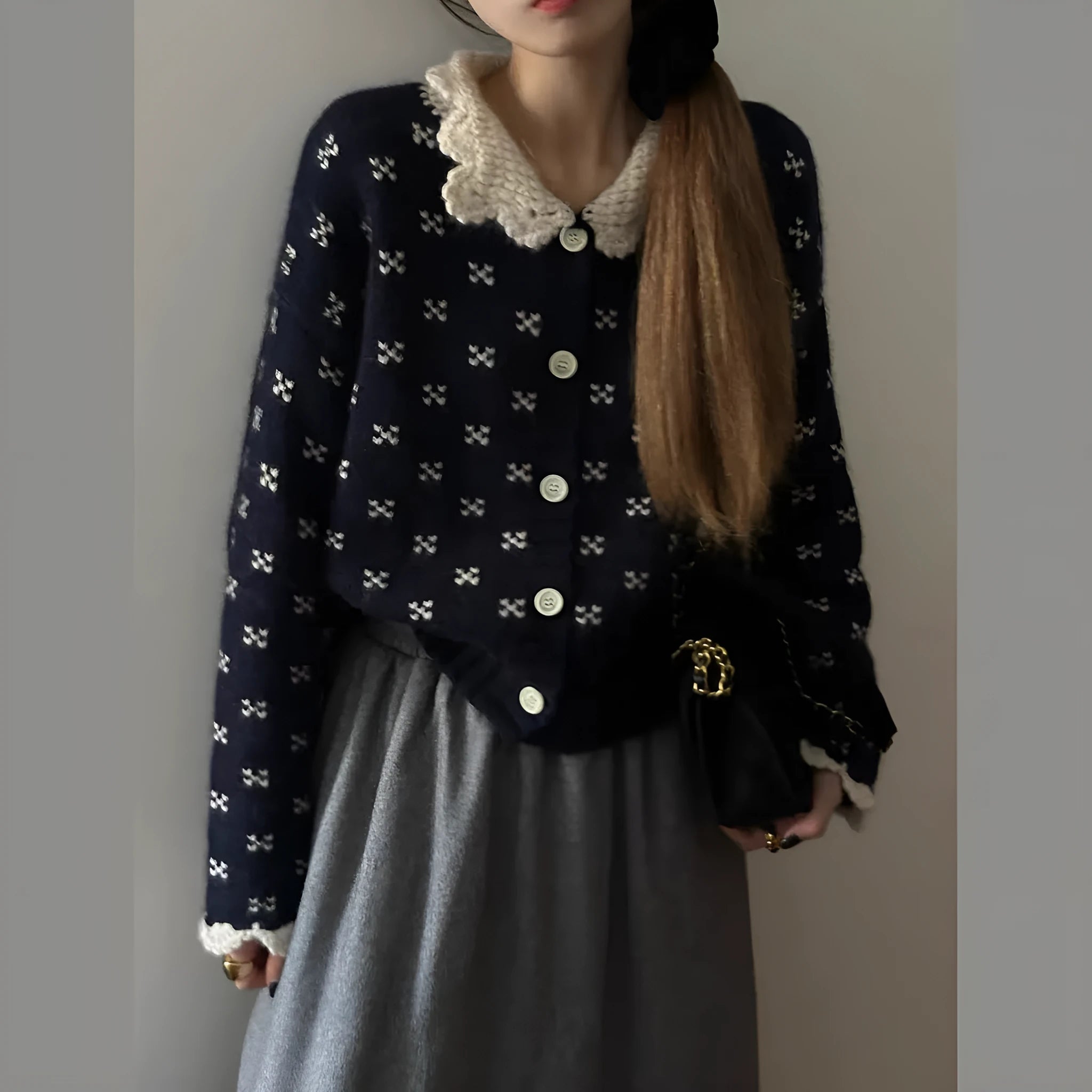 Retro Peter Pan collar floral pattern knitted cardigan coat in navy blue colour