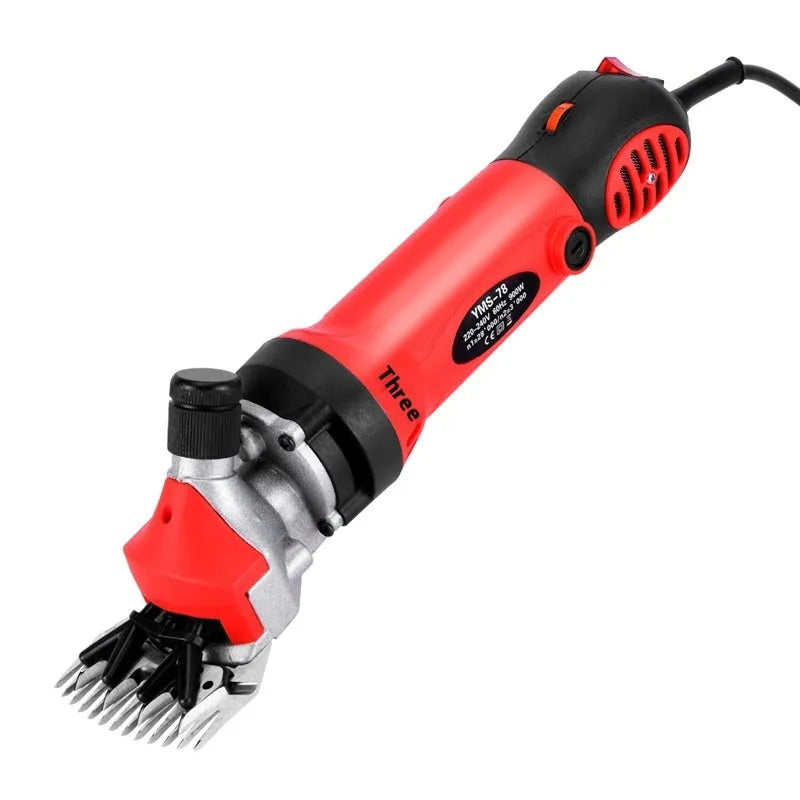 Yellow electric wool shearing tool with 110V plug, multiple blade sets, and maintenance accessories in plastic storage box