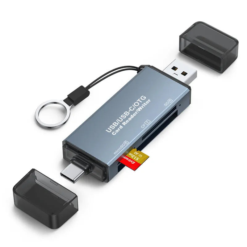 Aluminium alloy three-in-one CF SD TF memory card reader with USB and TYPE-C interfaces