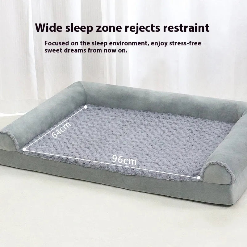 Light grey cloth dog kennel bed for large dogs, showing sheltered sides and padded interior.