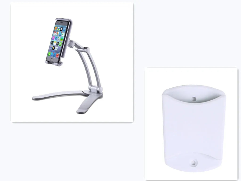 Silver and white aluminum alloy desktop stand holding a tablet at an adjustable angle.