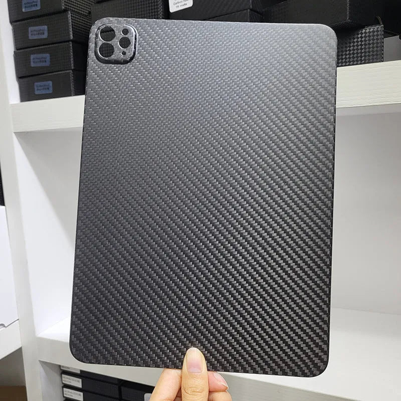 Real carbon fibre hard protective case for Apple iPad Pro 11 tablet in a flat design.