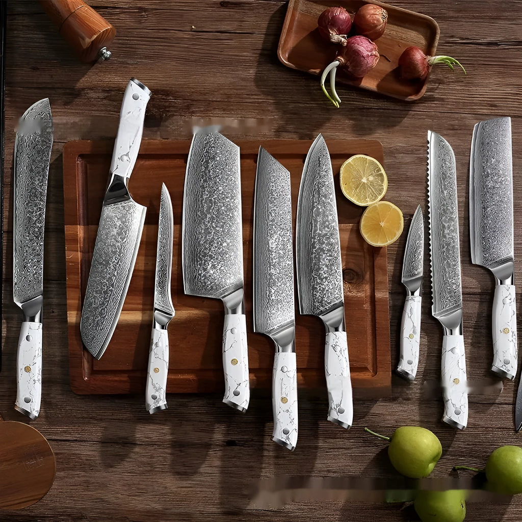 Damascus pattern chef's knife with a 21cm VG10 steel blade on a dark background.