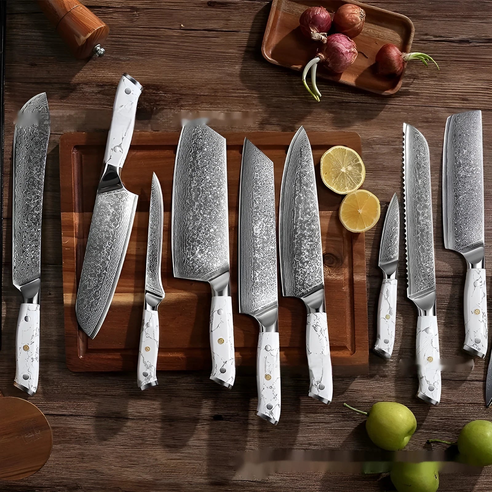 Damascus pattern chef's knife with a 21cm VG10 steel blade on a dark background.