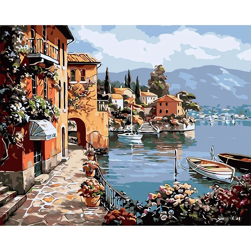 Hand-painted rimless oil painting on linen canvas showing landscape scene in modern simple style
