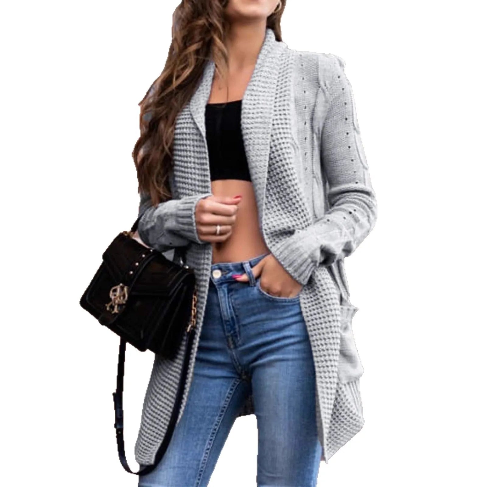 Grey women's loose viscose sweater coat with front pockets and medium length