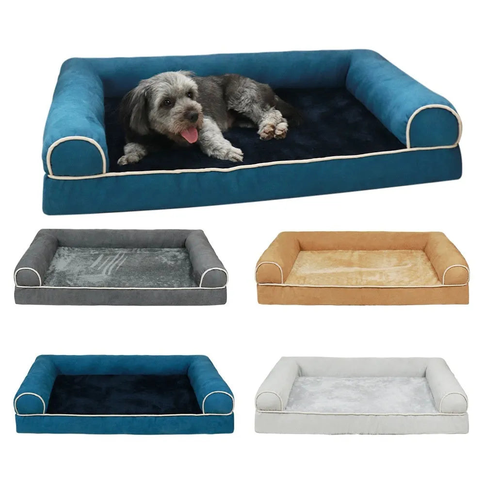 Square sponge dog bed with removable cloth cover shown in blue, size XL.