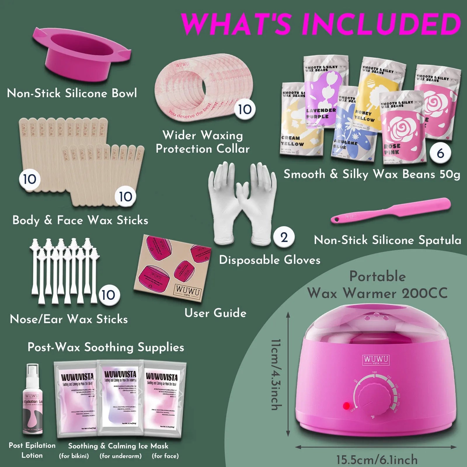 WUWUVISTA 56-piece professional waxing kit with wax warmer, coloured wax beads, tools, and aftercare products.