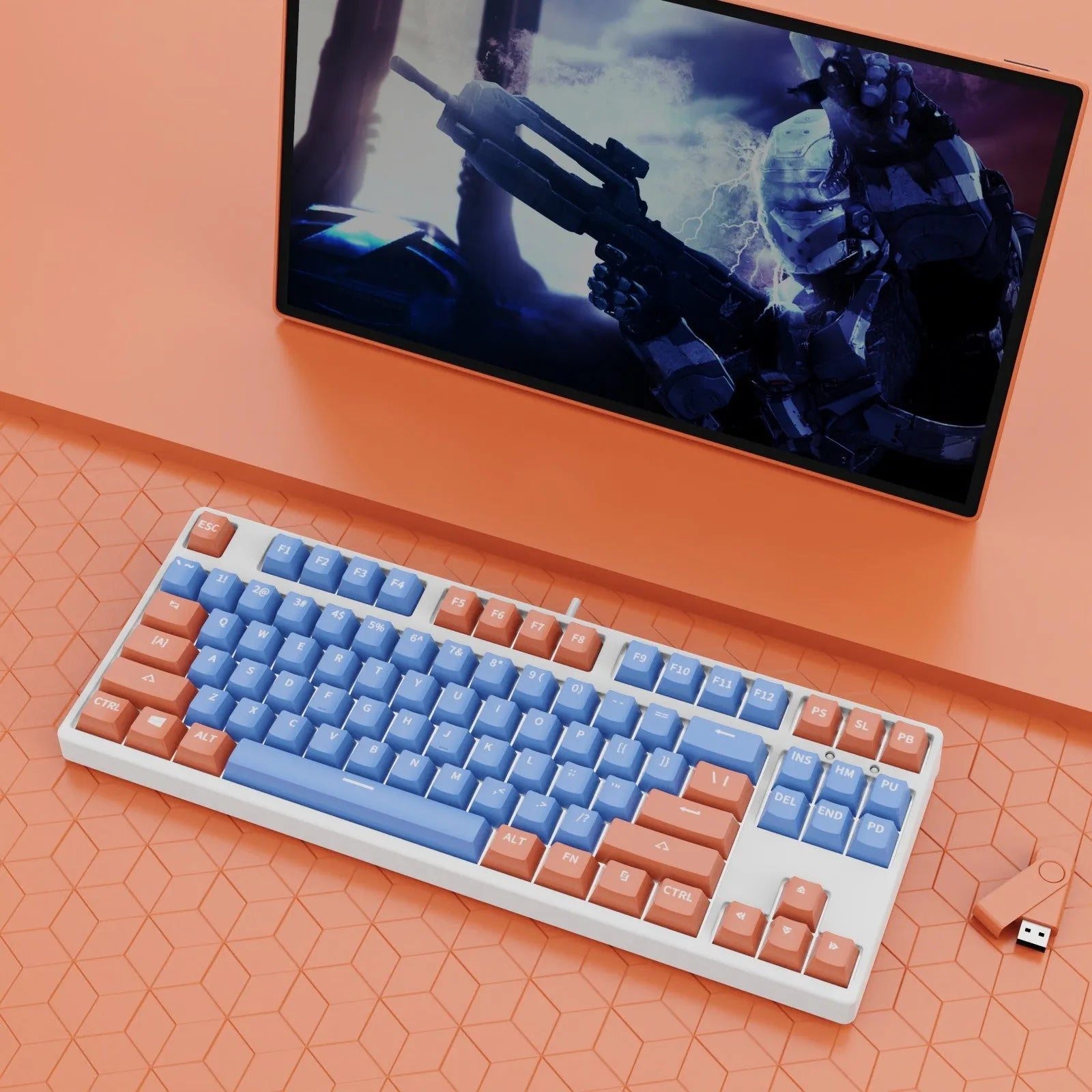 87 key wired mechanical keyboard with metal chassis shown in a black, orange, and yellow colour configuration.