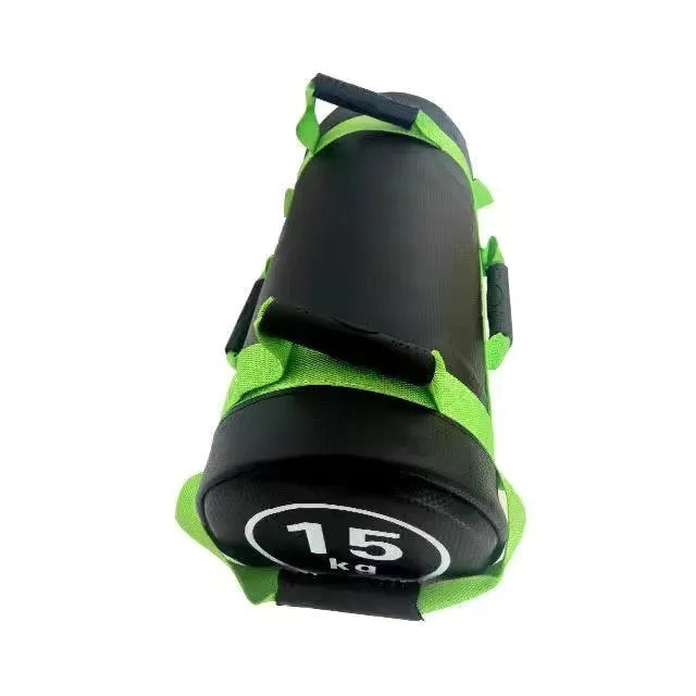 White PVC fitness training sandbag on gym floor, available in weights from 5KG to 30KG.