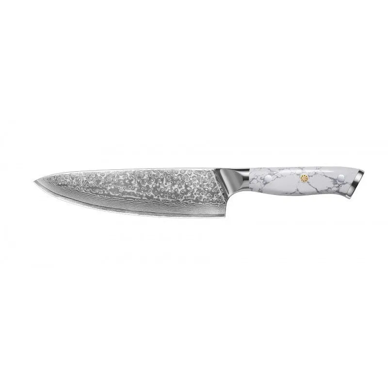 Damascus pattern chef's knife with a 21cm VG10 steel blade on a dark background.