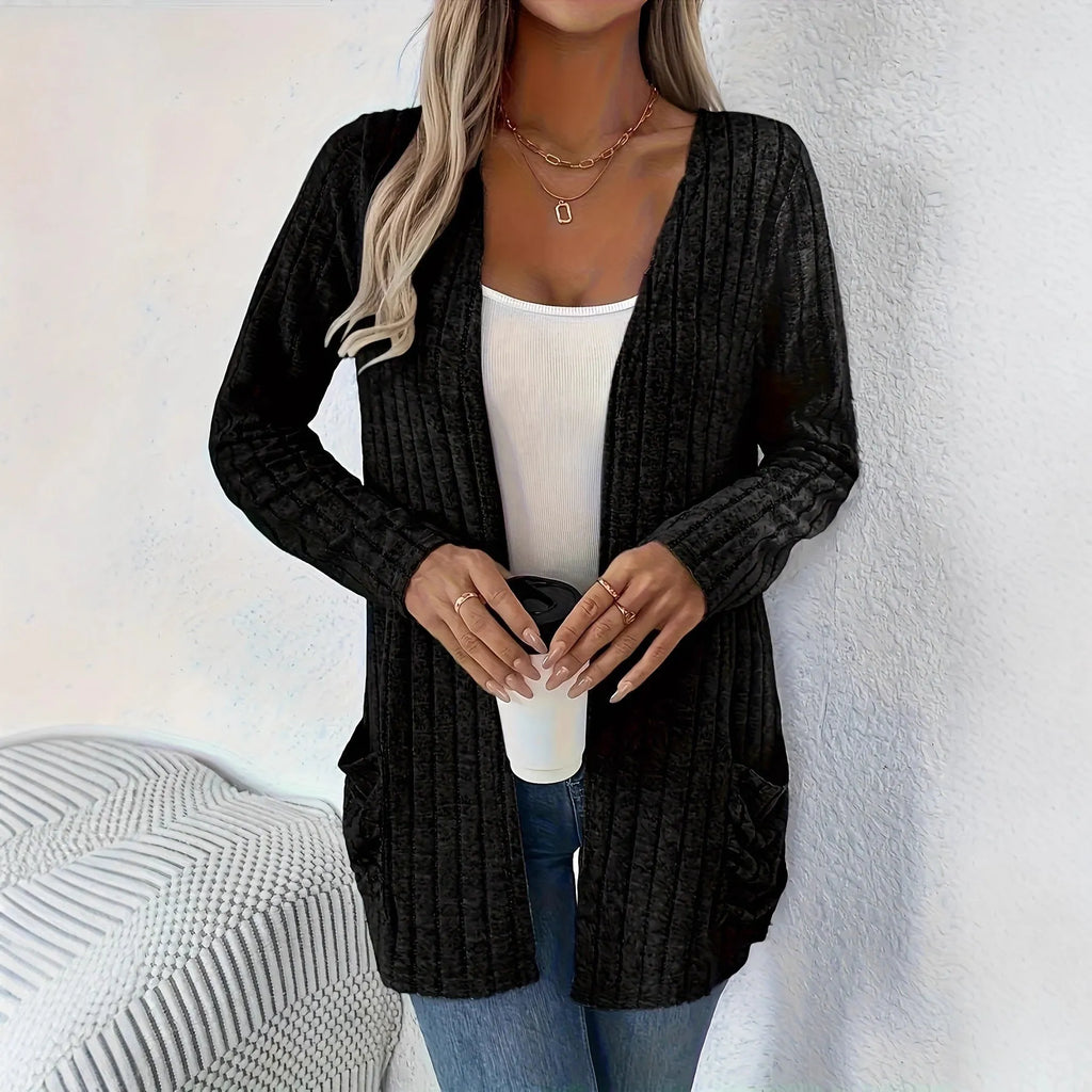 Solid colour long sleeve cardigan in loose fit design available in black and granny grey colours