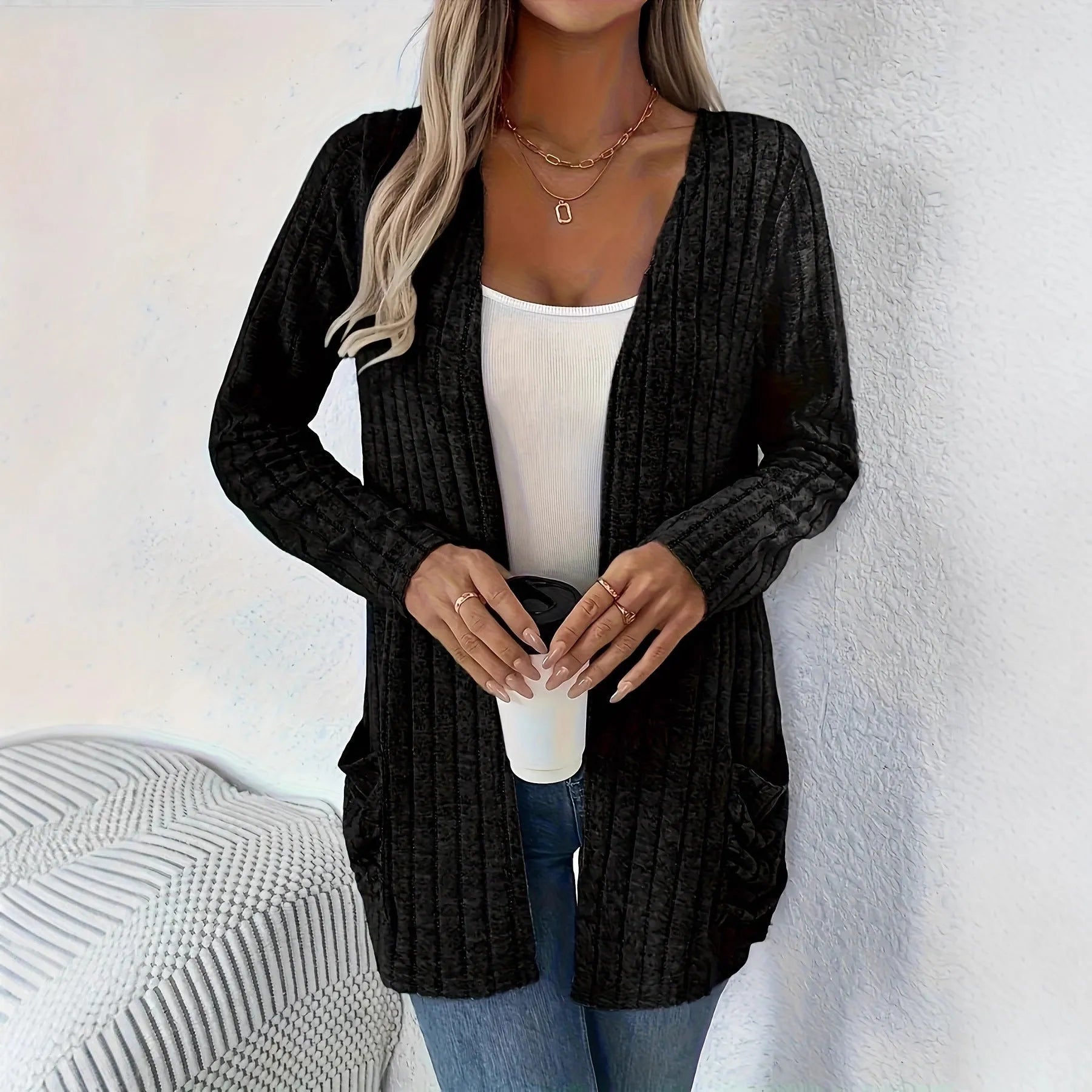 Solid colour long sleeve cardigan in loose fit design available in black and granny grey colours