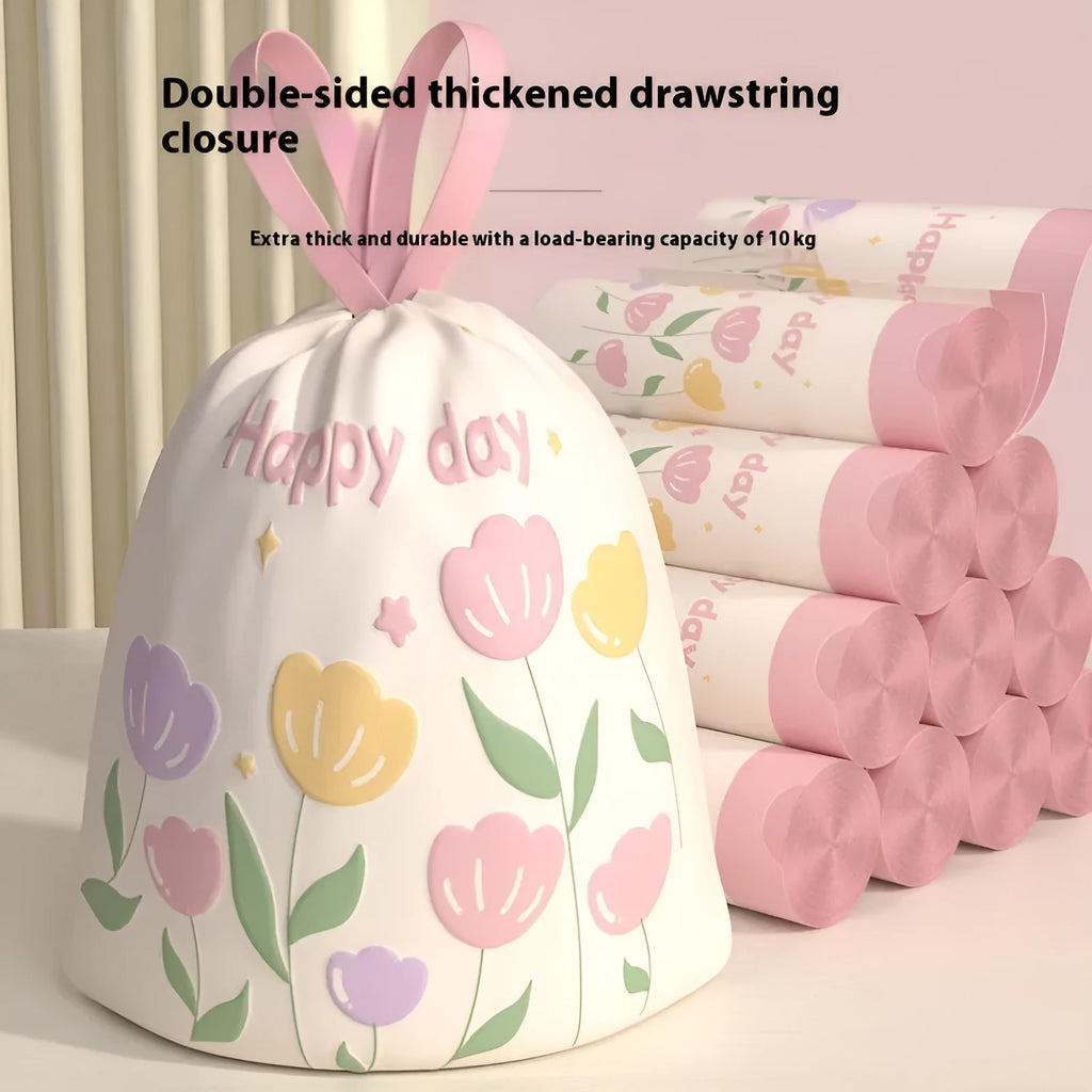 Pink degradable argy wormwood mosquito repellent garbage bags with drawstring, size 44cm x 48cm.