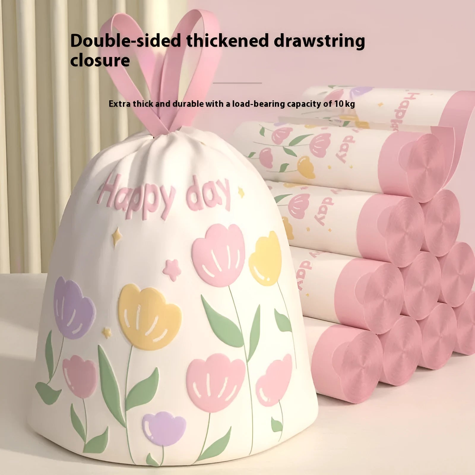 Pink degradable argy wormwood mosquito repellent garbage bags with drawstring, size 44cm x 48cm.