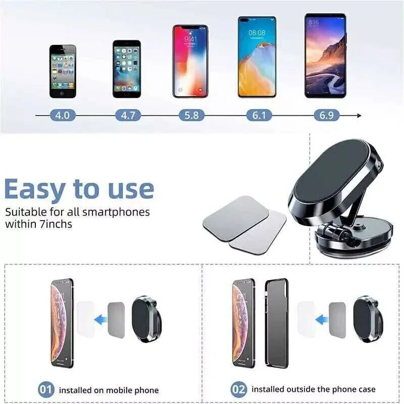 Chrome folding magnetic car phone holder shown extended and collapsed on a car dashboard.