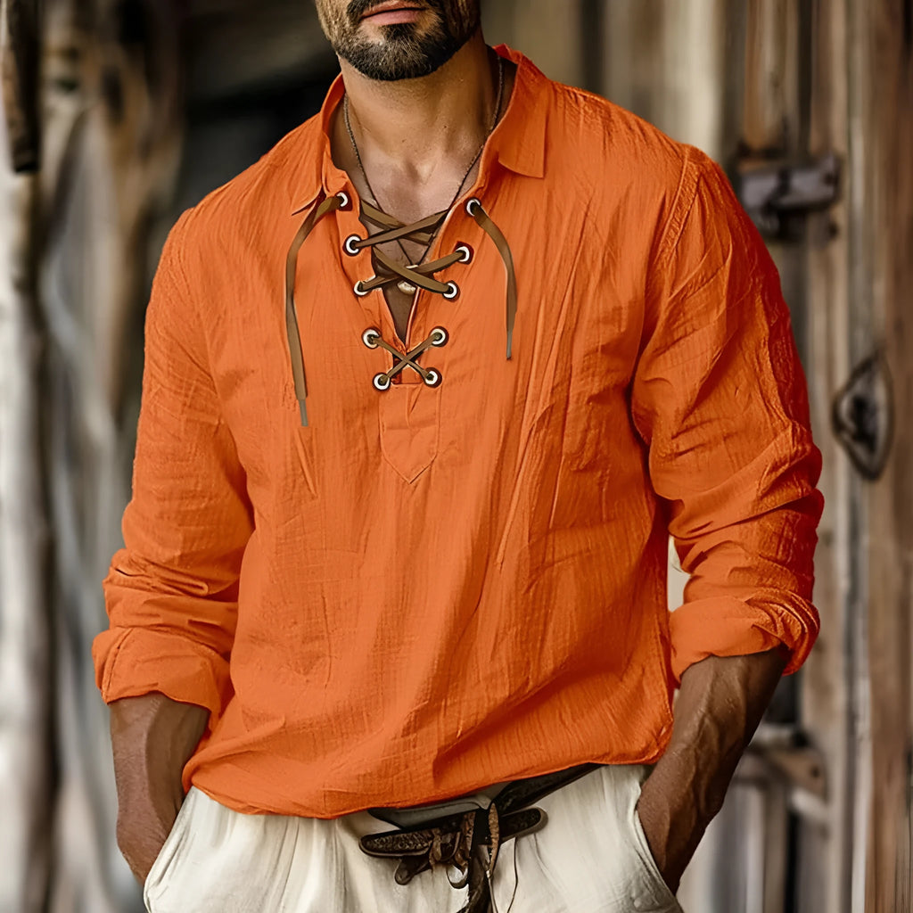 Men's loose fit long sleeve shirt in linen blend with lapels lace detail, shown in blue.