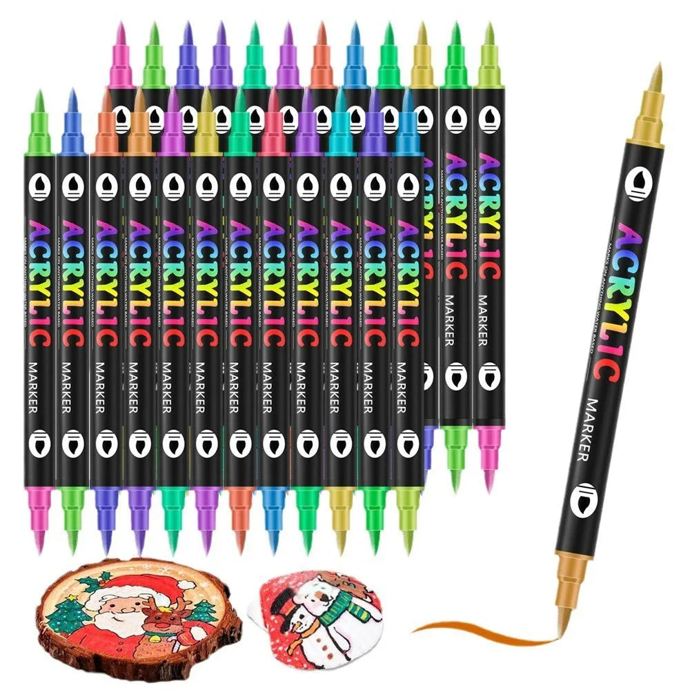 Set of double-headed acrylic paint marker pens in a case, showing two tips per pen.