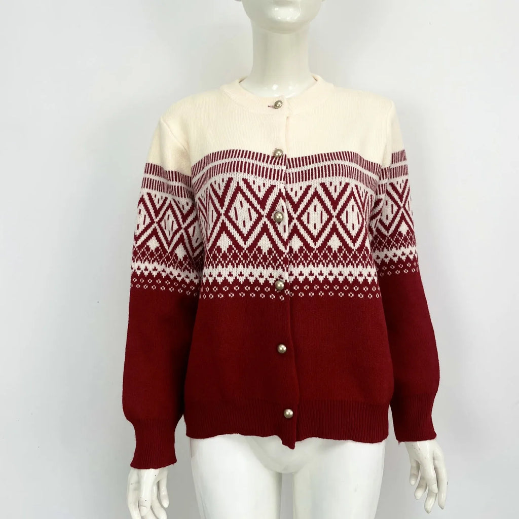 Women's grey alpaca wool cardigan with diamond knit pattern and long sleeves
